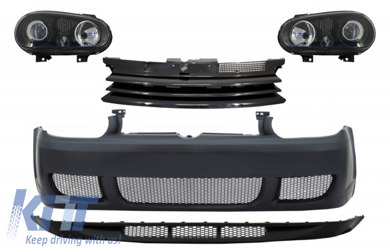 Front Bumper with Grille and Headlights Black suitable for VW Golf IV 4 MK4 (10.1997-09.2003) R32 Look
