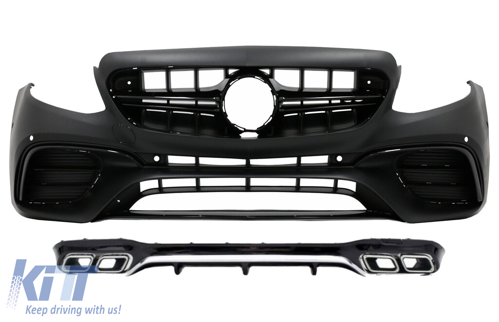 Front Bumper with Rear Diffuser and Exhaust Muffler Tips Chrome suitable for Mercedes E-Class W213 (2016-2019) E63 Design Black Edition