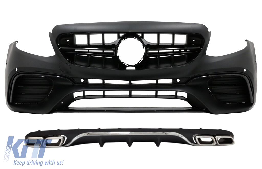 Front Bumper with Diffuser and Exhaust Muffler Tips suitable for Mercedes E-Class W213 S213 Standard (2016-2019) E63 Design Black Chrome