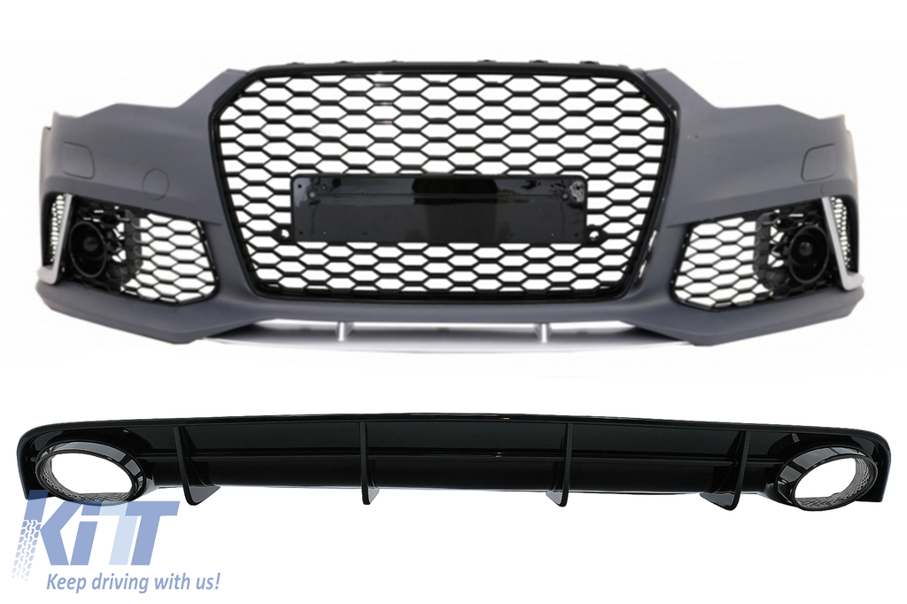 Front Bumper suitable for Audi A6 4G Facelift (2015-2018) with Rear Bumper Diffuser & Exhaust Tips RS6 Design Black only S-Line Bumper