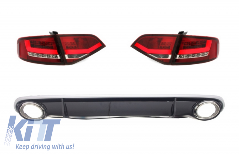LED Taillights with Rear Diffuser and Exhaust Tips suitable for AUDI A4 B8 8K Saloon (2007-2010) Red / Clear RS4 Design