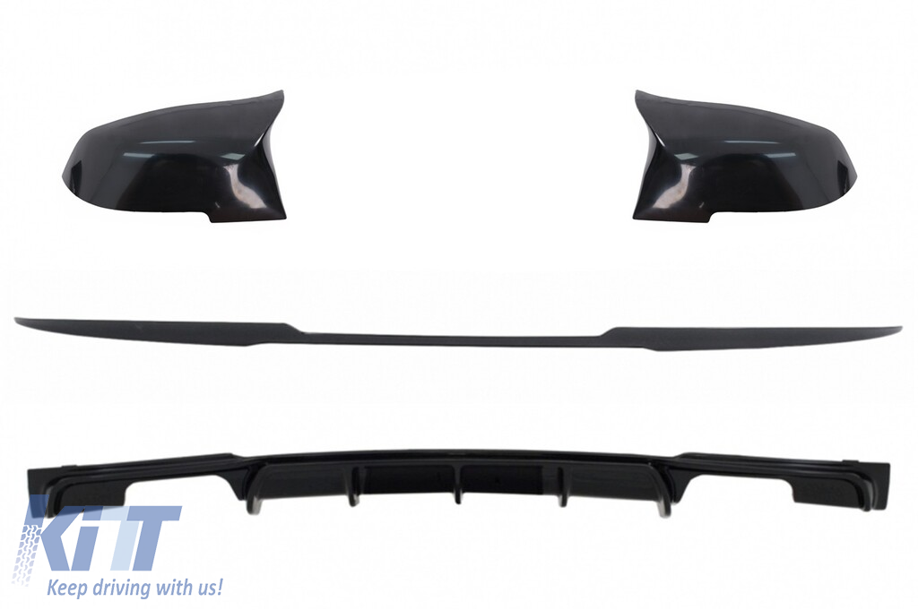 Trunk Boot Lip Spoiler with Rear Bumper Spoiler Valance Diffuser Double Outlet and Mirror Covers suitable for BMW 3 Series F30 (2011-2019) M4 CSL Performance Design Piano Black