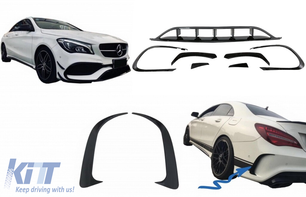 Front and Rear Bumper Splitters Fins Aero Conversion Kit suitable for Mercedes CLA W117 Facelift (2016-2018) CLA45 Design Canards Piano Black