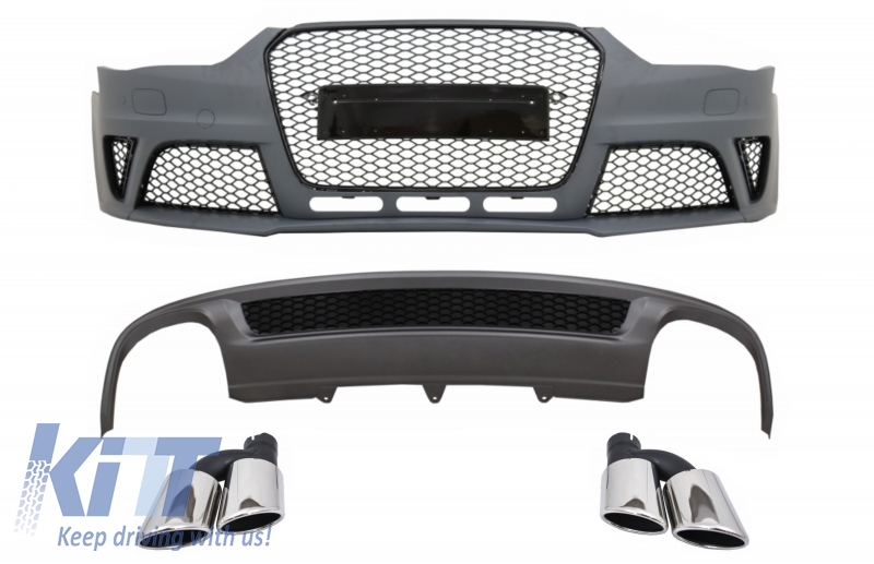 Front Bumper suitable for AUDI A4 B8 Facelift (2012-2015) with Rear Bumper Valance Air Diffuser and Exhaust Muffler Tips Tail Pipes RS4 Design