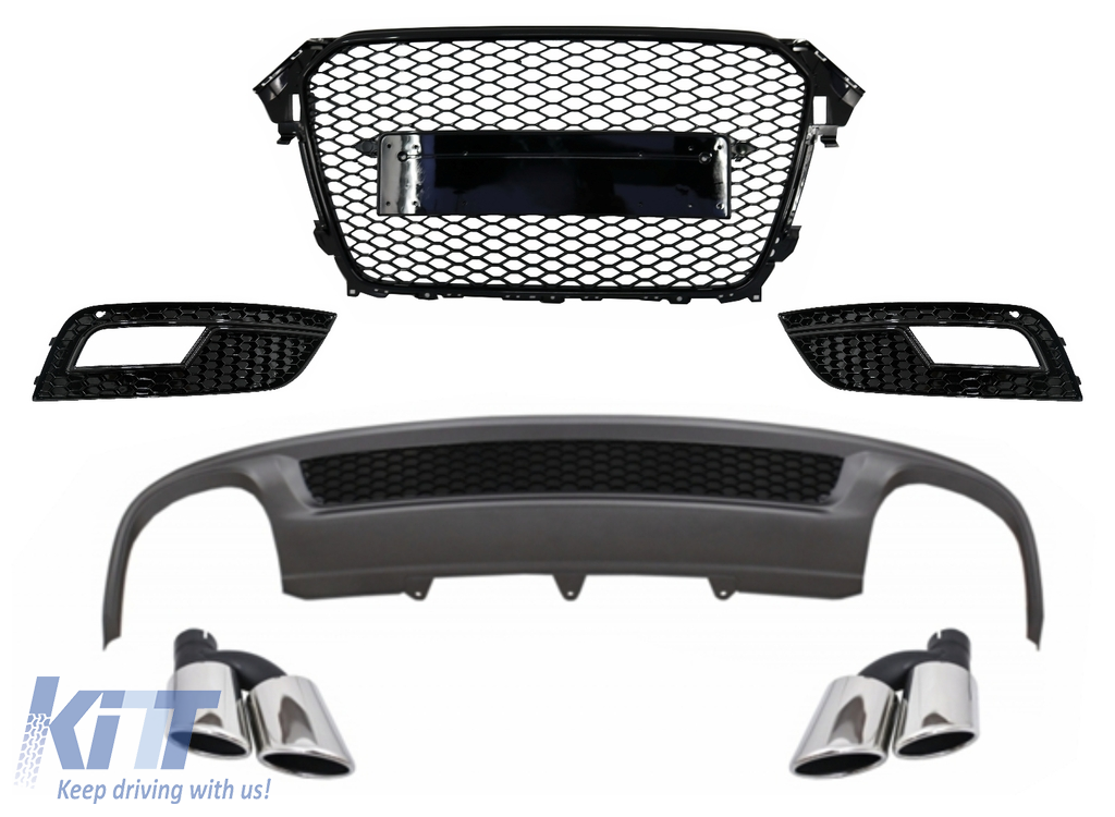 Rear Bumper Valance Air Diffuser and Exhaust Muffler Tips suitable for AUDI A4 B8 Facelift Limousine/Avant (2012-2015) with Badgeless Front Grille and Fog Lamp Covers S-Line Look only Standard Bumper