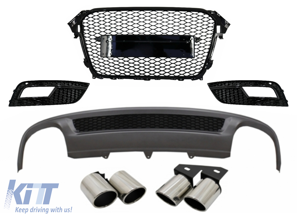 Rear Bumper Valance Air Diffuser and Exhaust Muffler Tips suitable for AUDI A4 B8 Facelift Limousine/Avant (2012-2015) with Badgeless Front Grille and Fog Lamp Covers S-Line Look only Standard Bumper