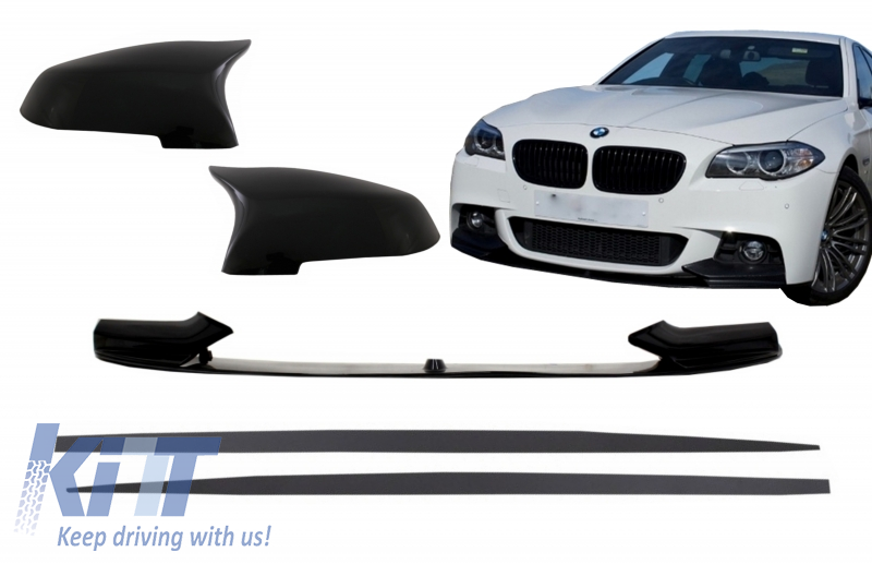 Front Bumper Spoiler Lip with Mirror Covers and Side Skirts Add-on Lip Extensions suitable for BMW 5 Series F10 F11 Sedan Touring (2015-2017) M-Performance Design