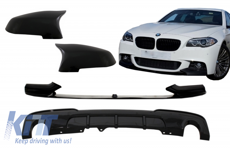 Front Bumper Spoiler Lip with Mirror Covers and Diffuser Double Outlet Single Exhaust suitable for BMW 5 Series F10 F11 Sedan Touring (2015-2017) M-Performance Piano Black