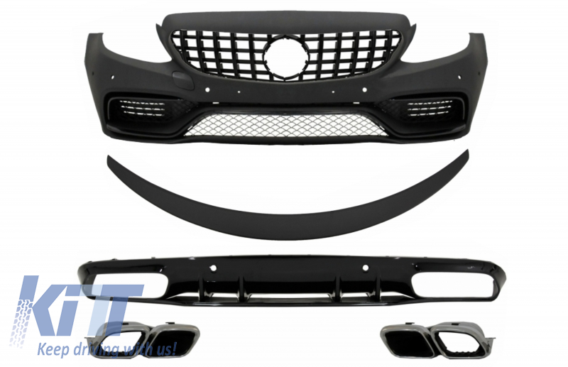 Front Bumper suitable for Mercedes C-Class C205 A205 Coupe Cabriolet (2014-2019) Front Grille GT-R Panamericana with Trunk Boot Spoiler and Rear Bumper Valance Diffuser C63S Design Silver Tips