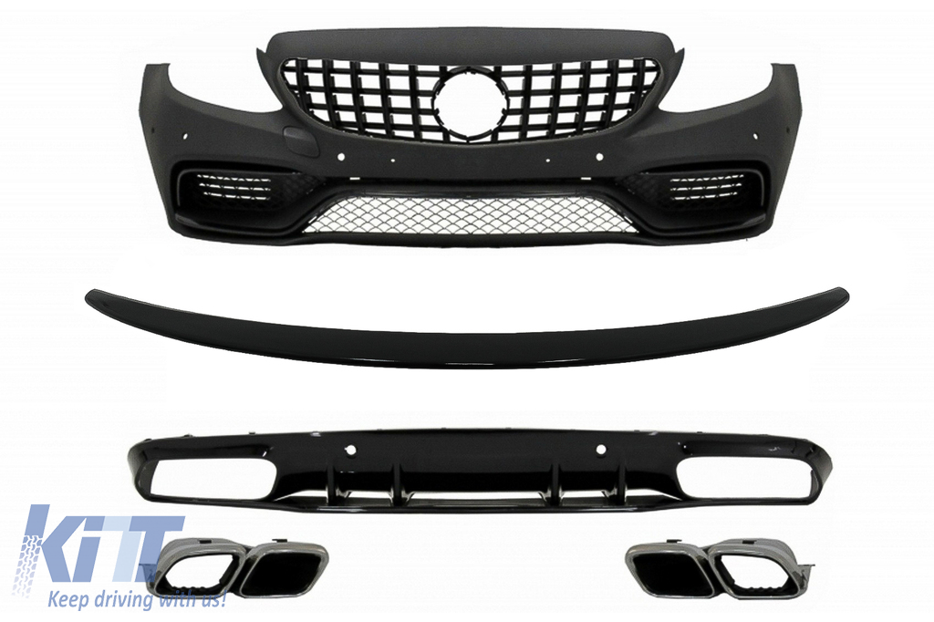 Front Bumper suitable for Mercedes C-Class C205 A205 Coupe Cabriolet (2014-2019) Front Grille GT-R Panamericana with Trunk Boot Spoiler and Rear Bumper Valance Diffuser C63S Design Silver Tips