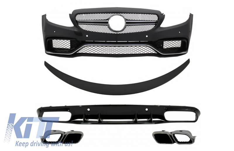 Front Bumper suitable for Mercedes C-Class C205 A205 Coupe Cabriolet (2014-2019) with Rear Bumper Valance Diffuser and Trunk Boot Spoiler C63S Design Silver Tips