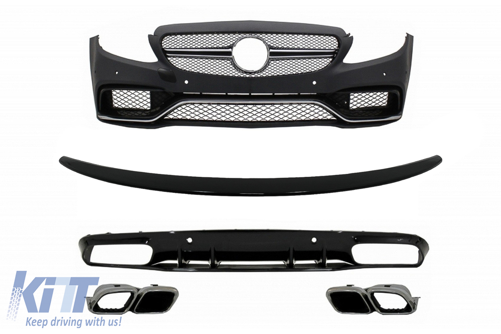 Front Bumper suitable for Mercedes C-Class C205 A205 Coupe Cabriolet (2014-2019) with Rear Bumper Valance Diffuser and Trunk Boot Spoiler C63S Design Silver Tips