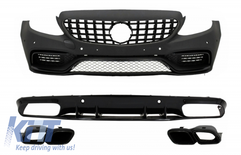 Front Bumper with Front Grille GT-R suitable for Mercedes C-Class C205 A205 Coupe Cabriolet (2014-2019) and Rear Bumper Valance Diffuser C63S Design All Black
