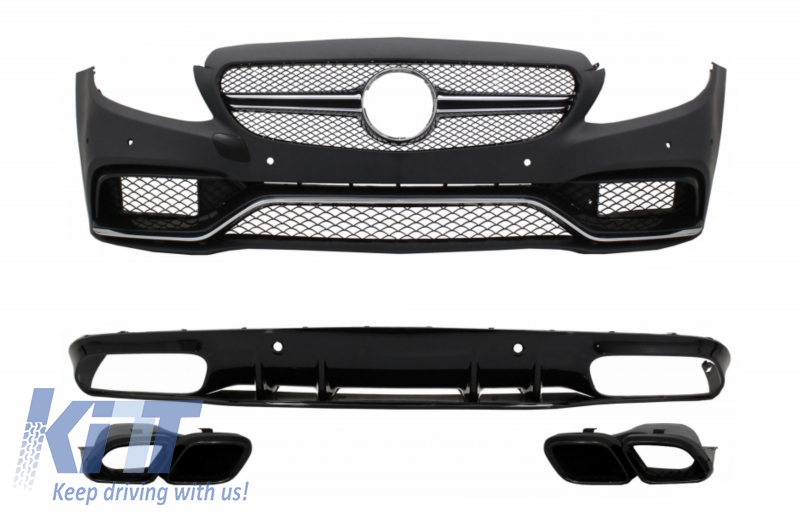 Front Bumper suitable for Mercedes C-Class C205 A205 Coupe Cabriolet (2014-2019) with Rear Bumper Valance Diffuser C63S Design All Black