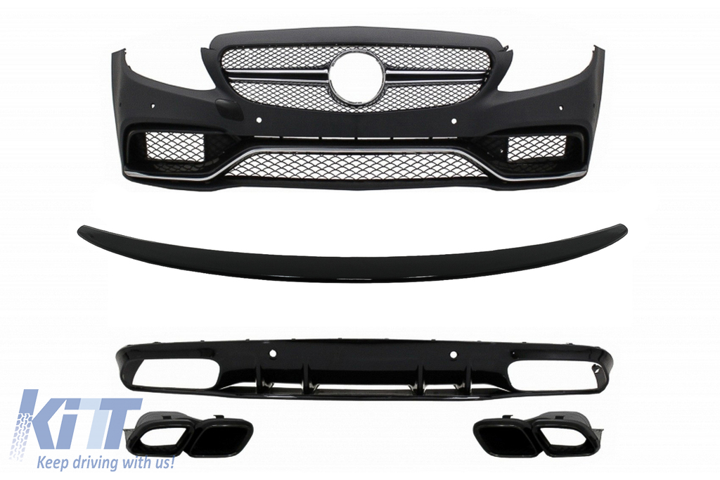 Front Bumper suitable for Mercedes C-Class C205 A205 Coupe Cabriolet (2014-2019) with Trunk Boot Spoiler and Rear Bumper Valance Diffuser C63S Design All Black