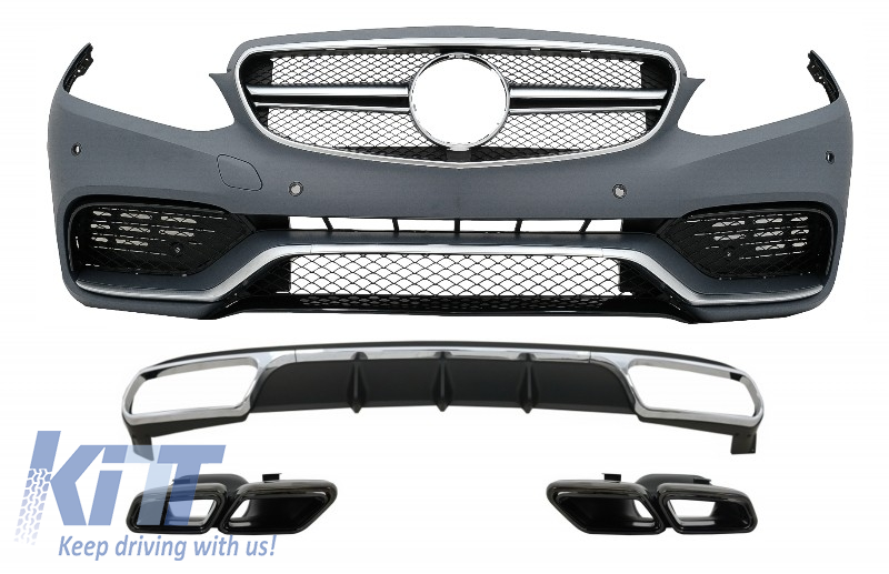 Front Bumper with Rear Diffuser and Exhaust Muffler Tips Black suitable for Mercedes E-Class W212 Facelift (2013-2016) only Standard Bumper