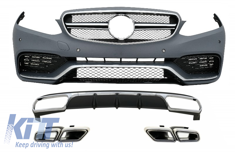 Front Bumper with Rear Diffuser and Exhaust Muffler Tips Chrome suitable for Mercedes E-Class W212 Facelift (2013-2016) only Standard Bumper