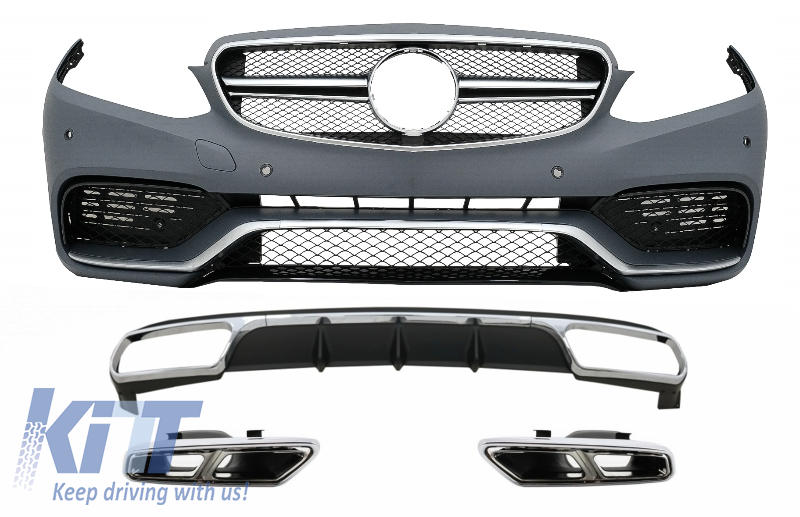Front Bumper with Rear Diffuser and Exhaust Muffler Tips Chrome suitable for Mercedes E-Class W212 Facelift (2013-2016) E65 Design only Standard Bumper