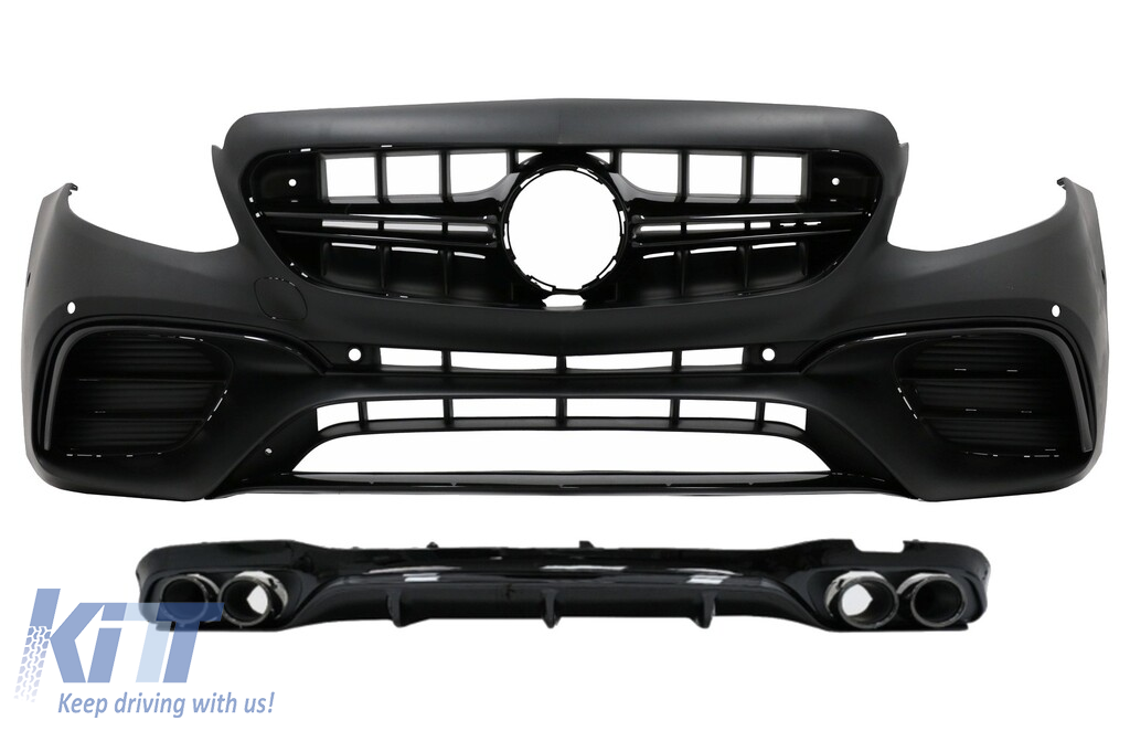 Front Bumper with Rear Diffuser and Exhaust Tips suitable for Mercedes E-Class W213 (2016-2019) E53 Design Black Edition