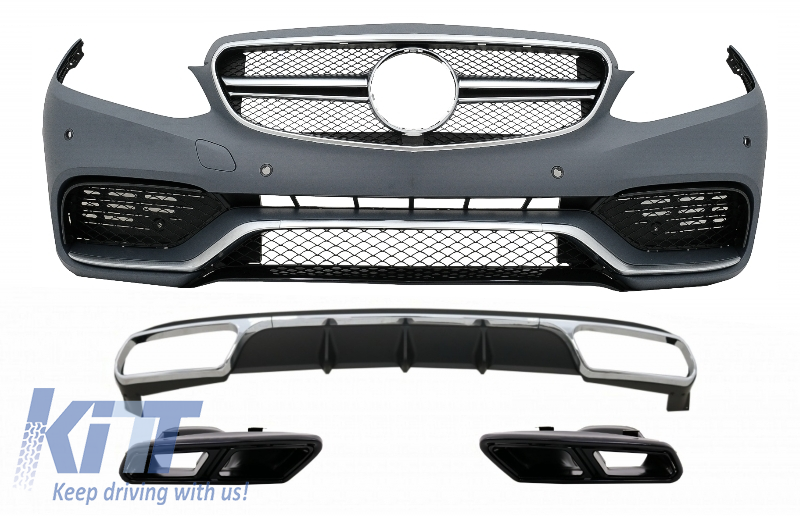Front Bumper with Rear Diffuser and Exhaust Muffler Tips Black suitable for Mercedes E-Class W212 Facelift (2013-2016) E65 Design only Standard Bumper