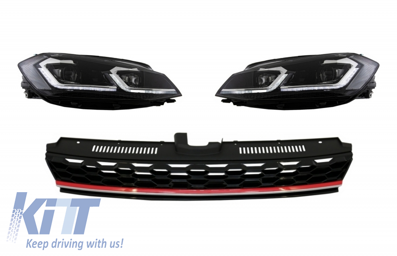 Central Badgeless Grille with RHD LED Headlights Sequential Dynamic Turning Lights suitable for VW Golf 7.5 VII Facelift (2017-up) GTI Design Red And Chrome