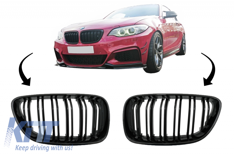Central Kidney Grilles suitable for BMW 2 Series F22 F23 F87 (2014-up) Double Stripe M Design Piano Black