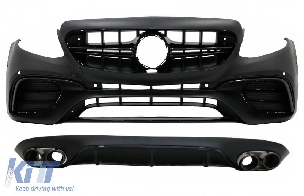 Front Bumper with Diffuser and Exhaust Muffler Tips suitable for Mercedes E-Class C238 A238 (2016-up) E63 Design All Black