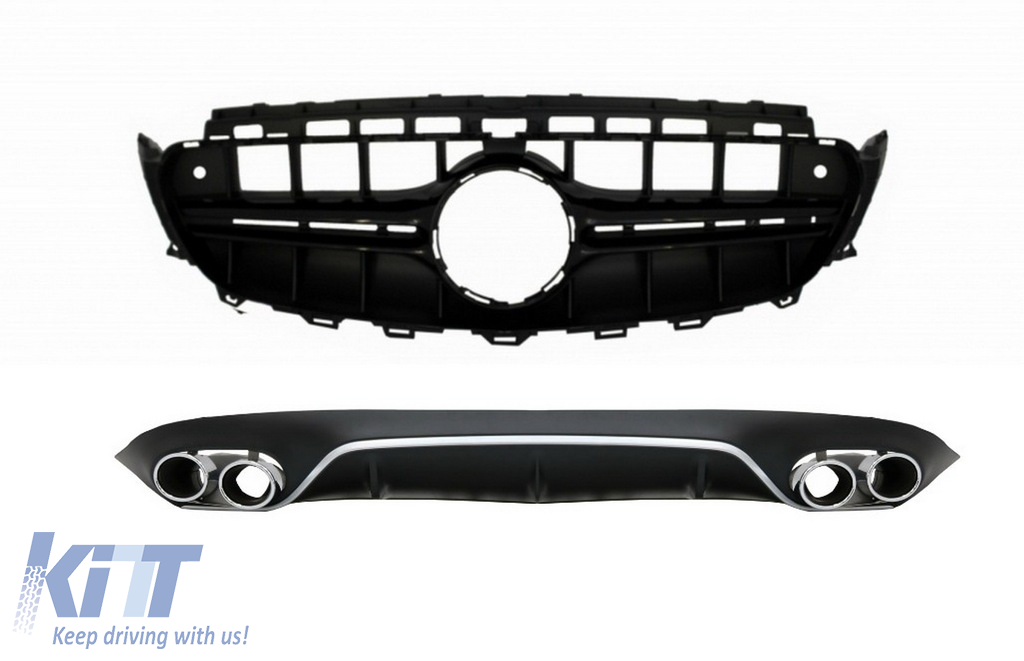 Rear Diffuser with Exhaust Tips and Central Grille Black without 360 Camera suitable for Mercedes E-Class C238 A238 AMG Sport Line (2016+) E53 E63 Design