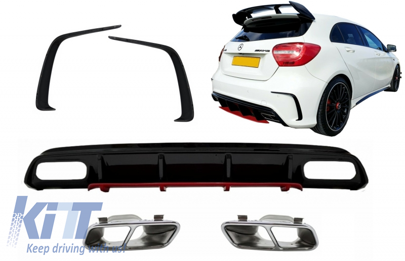 Rear Diffuser with Exhaust Muffler Tips Chrome and Splitters Fins suitable for Mercedes A-Class W176 (2012-2018) A45 Facelift Design Red Edition