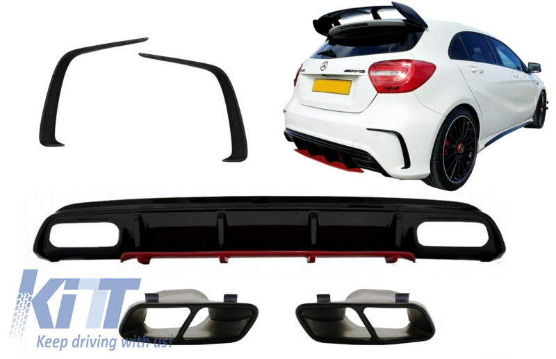 Rear Diffuser with Exhaust Muffler Tips Black and Splitters Fins suitable for Mercedes A-Class W176 (2012-2018) A45 Facelift Design Red Edition