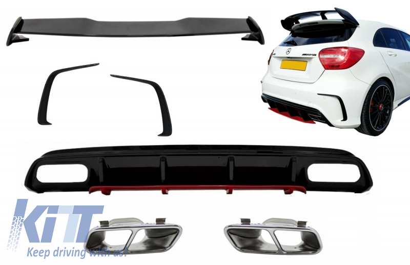 Rear Diffuser & Exhaust Muffler Tips Chrome with Splitters Fins and Roof Boot Spoiler suitable for MERCEDES A-Class W176 (2012-2018) A45 Facelift Design Red Edition