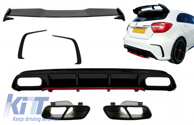 Rear Diffuser & Exhaust Muffler Tips Black with Splitters Fins and Roof Boot Spoiler suitable for MERCEDES A-Class W176 (2012-2018) A45 Facelift Design Red Edition