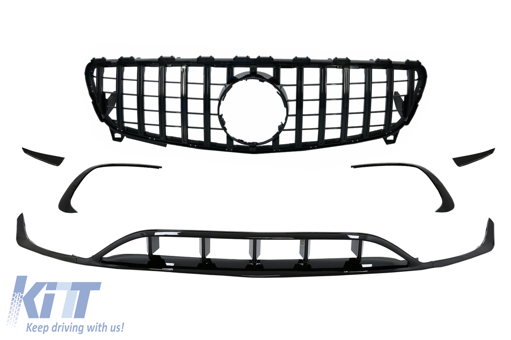 Front Bumper Splitters Fins Aero with Central Grille suitable for Mercedes A-Class W176 Facelift AMG Line (09.2015-2018) Piano Black