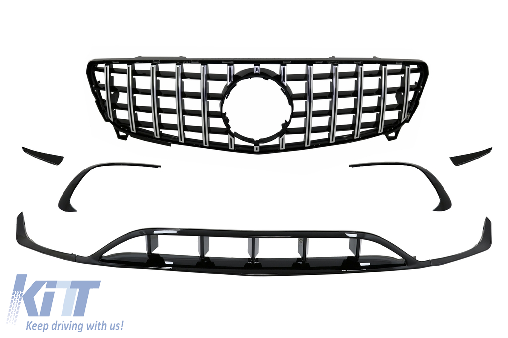 Front Bumper Splitters Fins Aero with Central Grille suitable for Mercedes A-Class W176 Facelift AMG Line (09.2015-2018) Piano Black