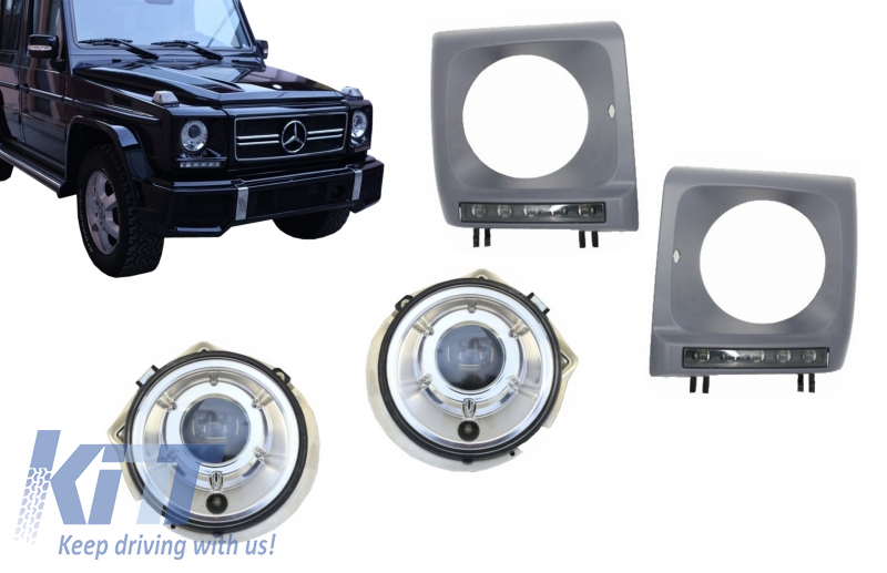 Headlights Covers with LED DRL Black Daytime Running Lights and Headlights Chrome suitable for Mercedes G-Class W463 (1989-2012) G65 Design
