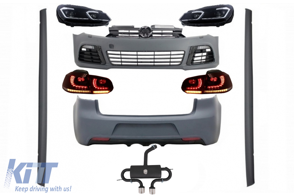 Complete Body Kit suitable for VW Golf VI 6 MK6 (2008-2013) R20 Design with Headlights LED and Taillights Dynamic Turning Light + Complete Exhaust System