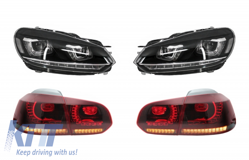 RHD Headlights Chrome with Taillights Full LED suitable for VW Golf 6 VI (2008-2013) LED Flowing Turning Light R20 U-Design