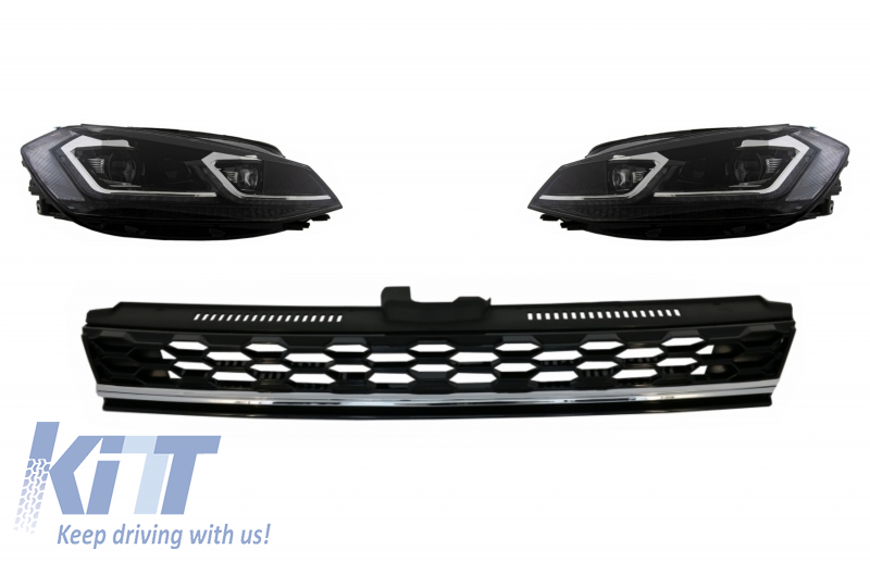 Central Badgeless Grille with LED Headlights Bi-Xenon Sequential Dynamic Turning Lights suitable for VW Golf 7.5 Facelift (2017-up) GTI Design Chrome