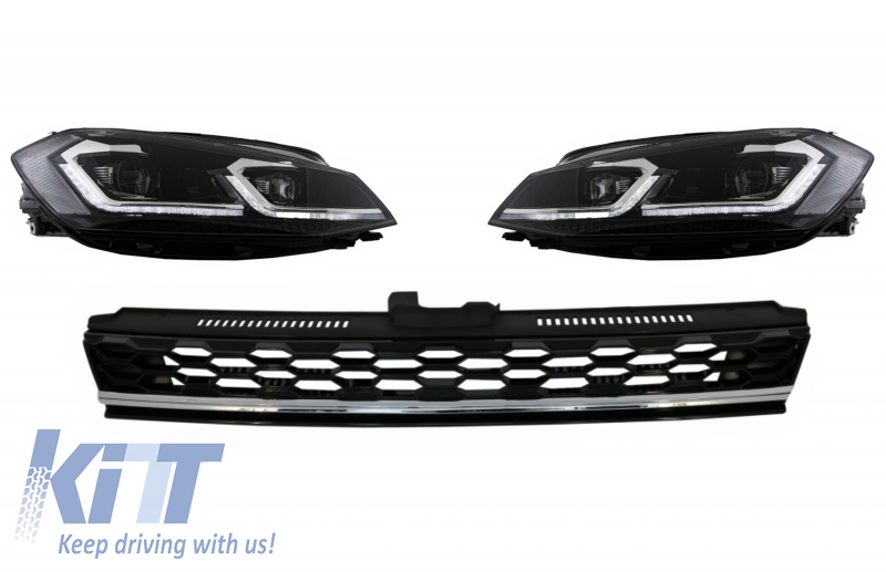 Central Badgeless Grille with LED Headlights Sequential Dynamic Turning Lights suitable for VW Golf 7.5 Facelift (2017-up) GTI Design Chrome