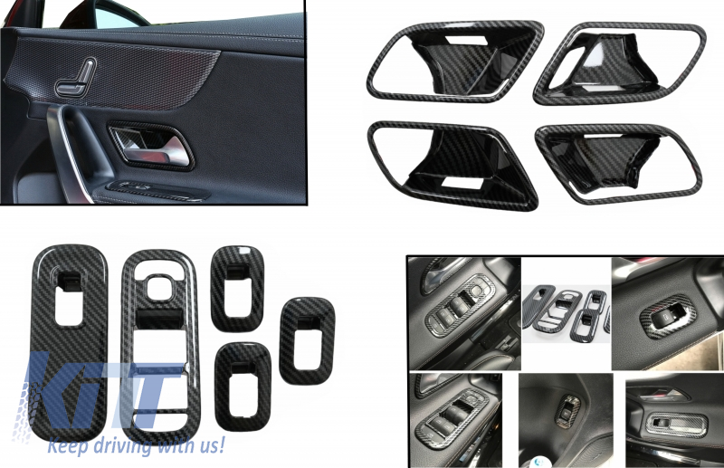 Car Window Glass Lift Switch Button Cover Trim with Inner Door Cover Handle Bowl Trim suitable for Mercedes A-Class W177 V177 (2018-Up) LHD Carbon