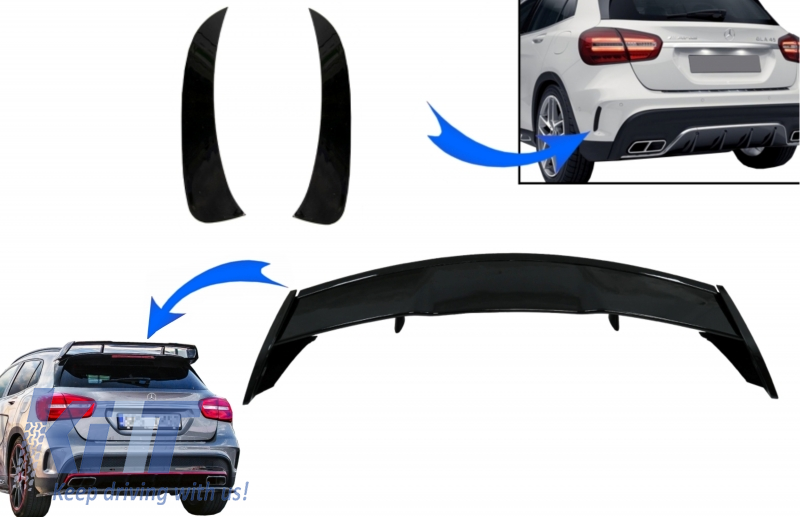 Trunk Boot Lid Spoiler with Rear Bumper Flaps Side Fins Flics suitable for Mercedes GLA X156 GLA45 (2014-2019)
