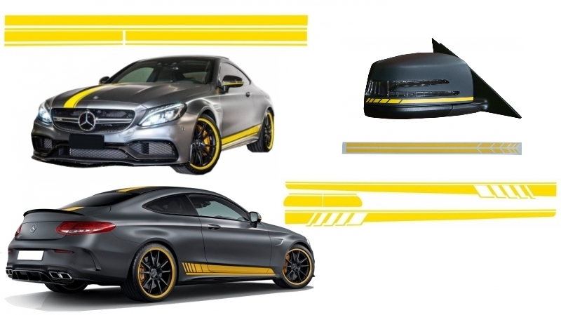 Set Sticker Side Decals & Upper Bonnet Roof Tailgate and Mirror Matte Yellow suitable for MERCEDES C205 Coupe A205 Cabriolet (2014-up)