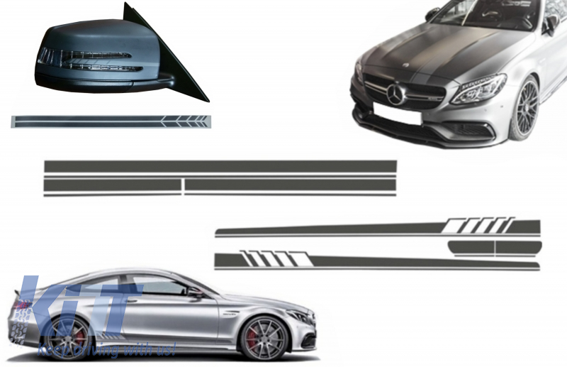 Set Sticker Side Decals & Upper Bonnet Roof Tailgate & Sticker Mirror Dark Grey suitable for MERCEDES C205 Coupe A205 Cabriolet (2014-2016) A45 Design Edition 1