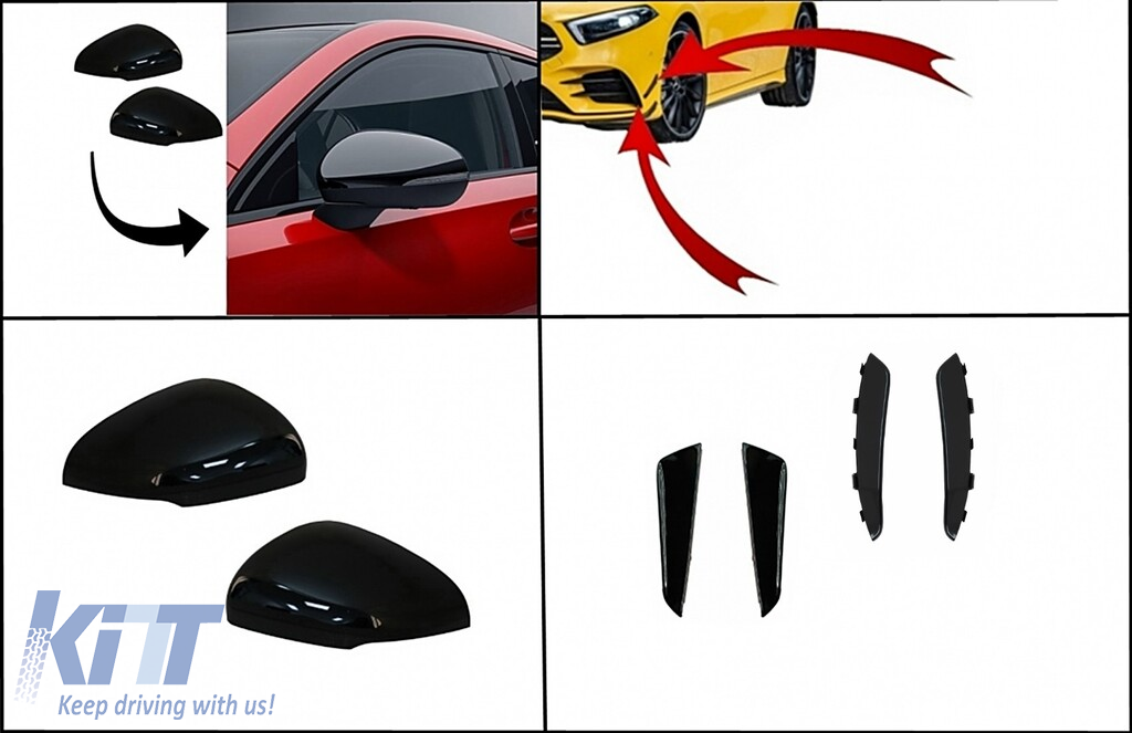 Kit Front Bumper Flaps Side Fins Flaps suitable for MERCEDES A-Class W177 V177 (05.2018-up) with Mirror Covers A35 Design Black Edition