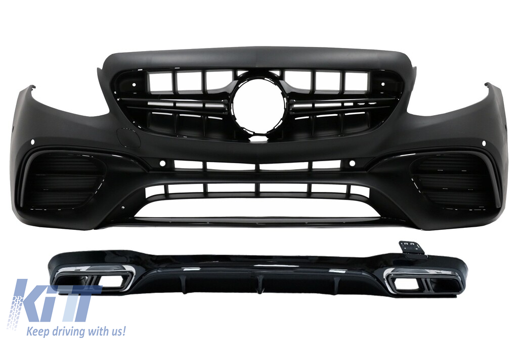 Front Bumper with Rear Diffuser and Exhaust Muffler Tips suitable for Mercedes E-Class W213 (2016-up) E63s Design All Black