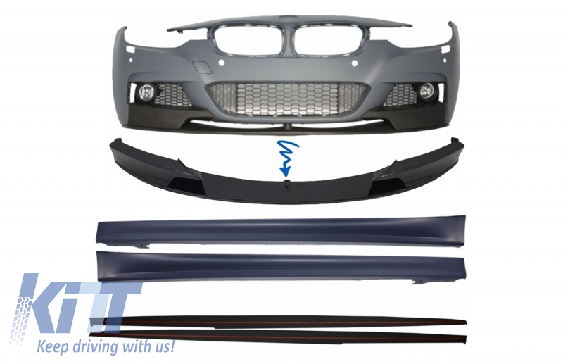 Front Bumper Spoiler with Side Skirts and Add-on Lip Extensions suitable for BMW 3 Series F30 F31 Sedan Touring (2011-2018) M Performance Design