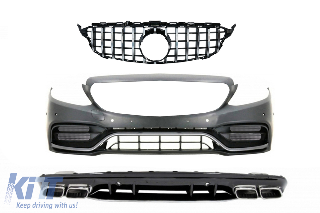 Complet Front Bumper with Diffuser and Silver Tips suitable for Mercedes C-Class W205 S205 AMG Sport Line (2014-2020) C63S Design