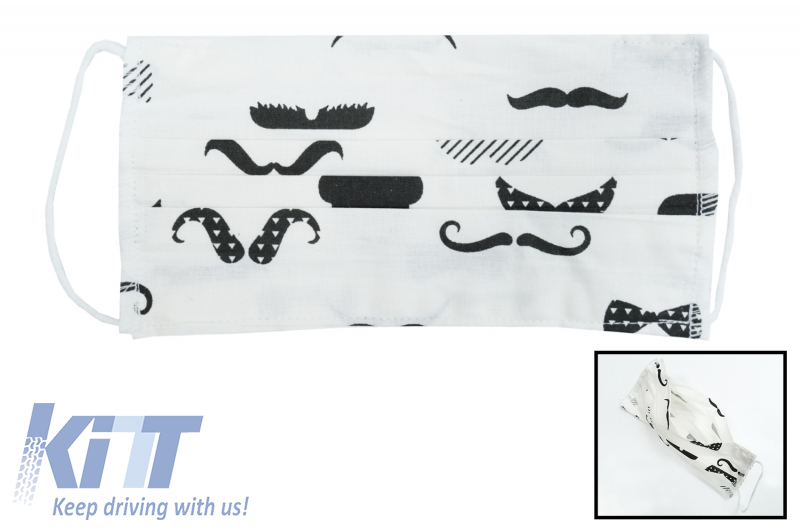 Package of 5 white with mustaches Reusable Masks with Folds 100% Cotton 2 Layers Unisex Washable 5 Filters PPS 330 Microns