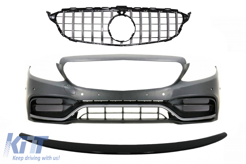 Front Bumper with Grille and Trunk Boot Spoiler Piano Black suitable for Mercedes C-Class C205 (2014-2018) C63 GT-R Design
