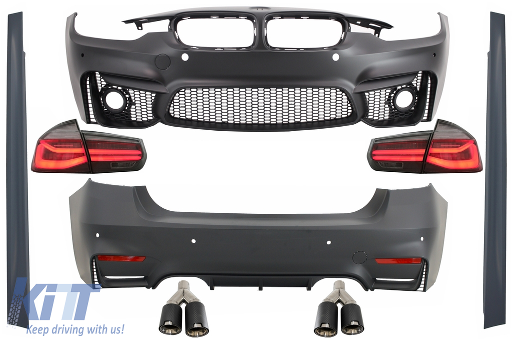 Body Kit suitable for BMW 3 Series F30 (2011-2019) with LED Taillights Dynamic Sequential Turning Light EVO II M3 CS Design with Dual Twin Exhaust Muffler Tips Carbon